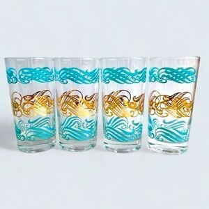 MidCentury Aqua Metallic Gold Wavy Swirls Clear Glass 12oz Tumblers Set of 4